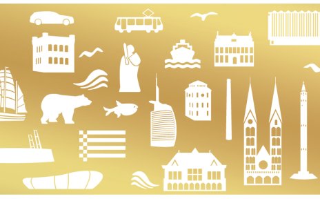 Goldener Hintergrund, darauf weiße Icons mit bremischem Bezug. Goldener Hintergrund, darauf weiße Icons mit bremischem Bezug.