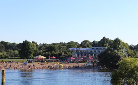 Blick auf Café Sand an einem sommerlichen Tag mit vielen Menschen am Strand. Blick auf Café Sand an einem sommerlichen Tag mit vielen Menschen am Strand.