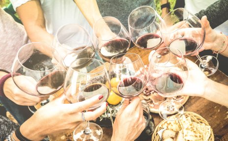 Freunde stoßen mit Rotwein an einem gedeckten Tisch an Freunde stoßen mit Rotwein an einem gedeckten Tisch an