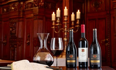 In einer Reihe: Karaffe und Glas mit Rotwein sowie drei Weinflaschen In einer Reihe: Karaffe und Glas mit Rotwein sowie drei Weinflaschen