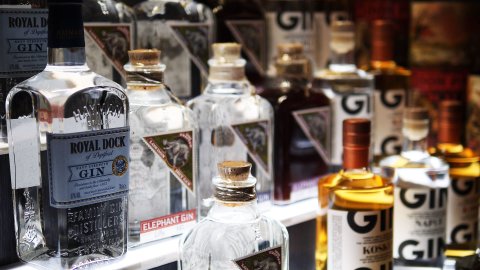 Mehrere Flaschen mit Gin nebeneinander Mehrere Flaschen mit Gin nebeneinander