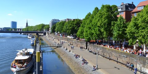 Das Schlachte-Ufer: links die Weser, rechts die Flanier-Meile; Quelle: bremen.online - MDR Das Schlachte-Ufer: links die Weser, rechts die Flanier-Meile; Quelle: bremen.online - MDR